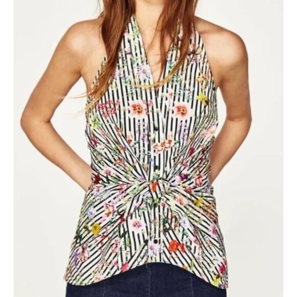 Zara Top Womens X Small Black White Stripe Floral Halter Knotted Open Back - Picture 1 of 8